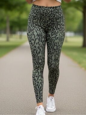 One Step Ahead Olive Green Leopard-Print High-Waist Leggings